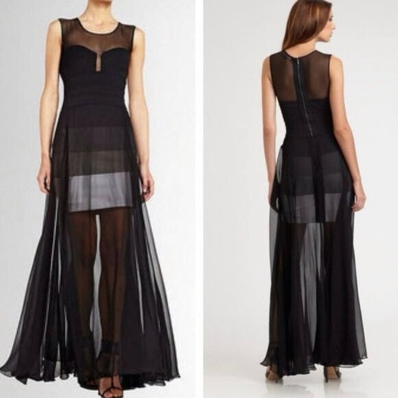 BCBGMAXAZRIA Alai Black Silk Bandage Illusion Mesh Maxi Dress Sleeveless Size S - Picture 2 of 12